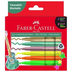 Faber Castell Comfort Keçeli Kalem 12'li (6 Neon + 6 Metalik Renk) Yıkanabilir - 1