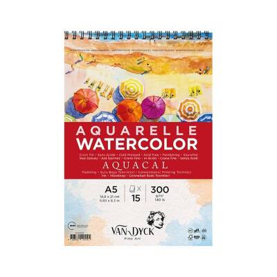 Van Dyck Aquacal Cold Press İnce Dokulu Sulu Boya Blok 300 gr 15 yp A5 Spiralli - 1